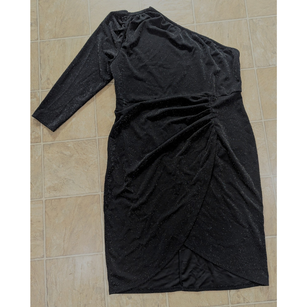 Kim Curvy sz 24W One Shoulder Cocktail Dress black & shiny silver stretchy 3775